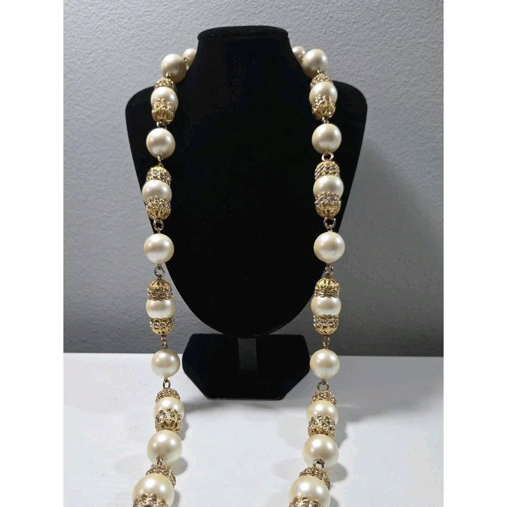 Vintage Statement Faux Pearl Necklace w/ Alternating Gold Filigree Spacers - Picture 1 of 5